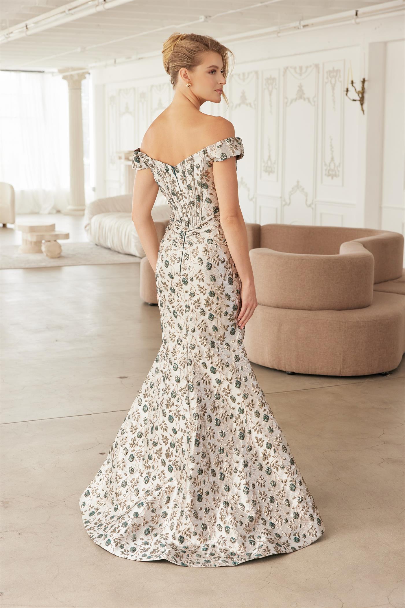 Off-Shoulder Jacquard Mermaid Gown Sweetheart Neckline Floral Evening Dress by Nox Anabel MJ142