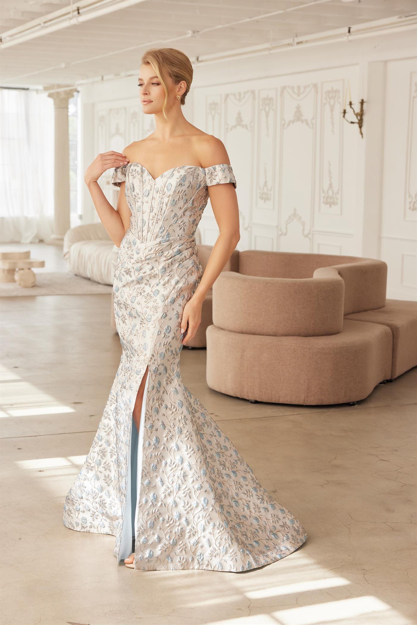Off-Shoulder Jacquard Mermaid Gown Sweetheart Neckline Floral Evening Dress by Nox Anabel MJ142