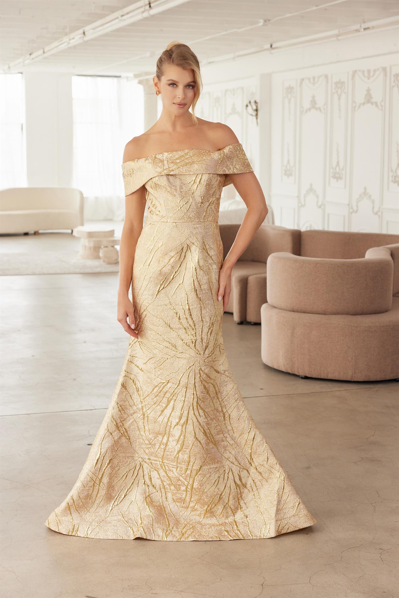 Off-Shoulder Folded Neckline Trumpet Gown with Sweeping Train Evening Dress by Nox Anabel MJ144