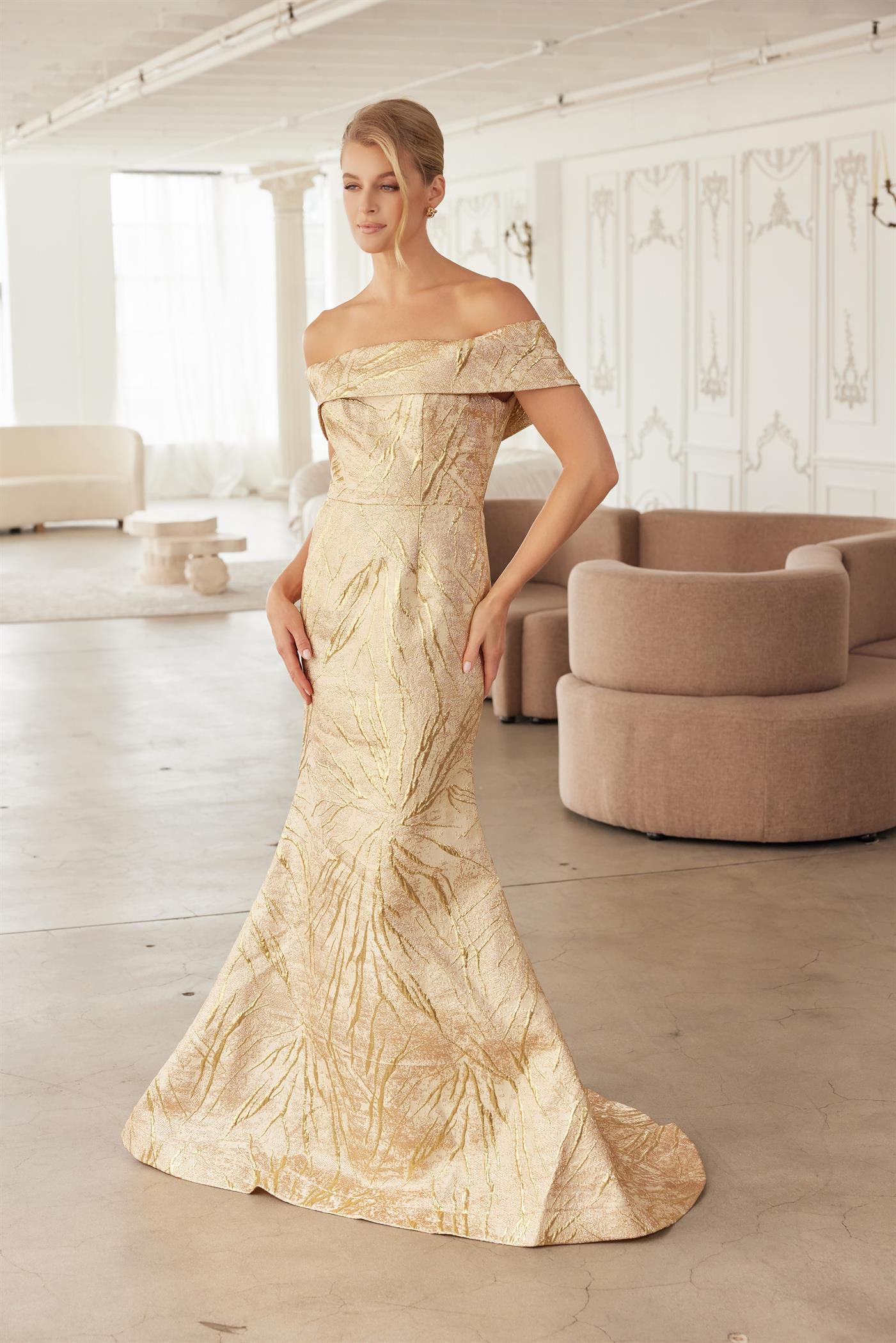 Off-Shoulder Folded Neckline Trumpet Gown with Sweeping Train Evening Dress by Nox Anabel MJ144