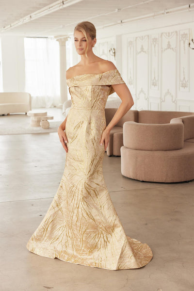 Off-Shoulder Folded Neckline Trumpet Gown with Sweeping Train Evening Dress by Nox Anabel MJ144