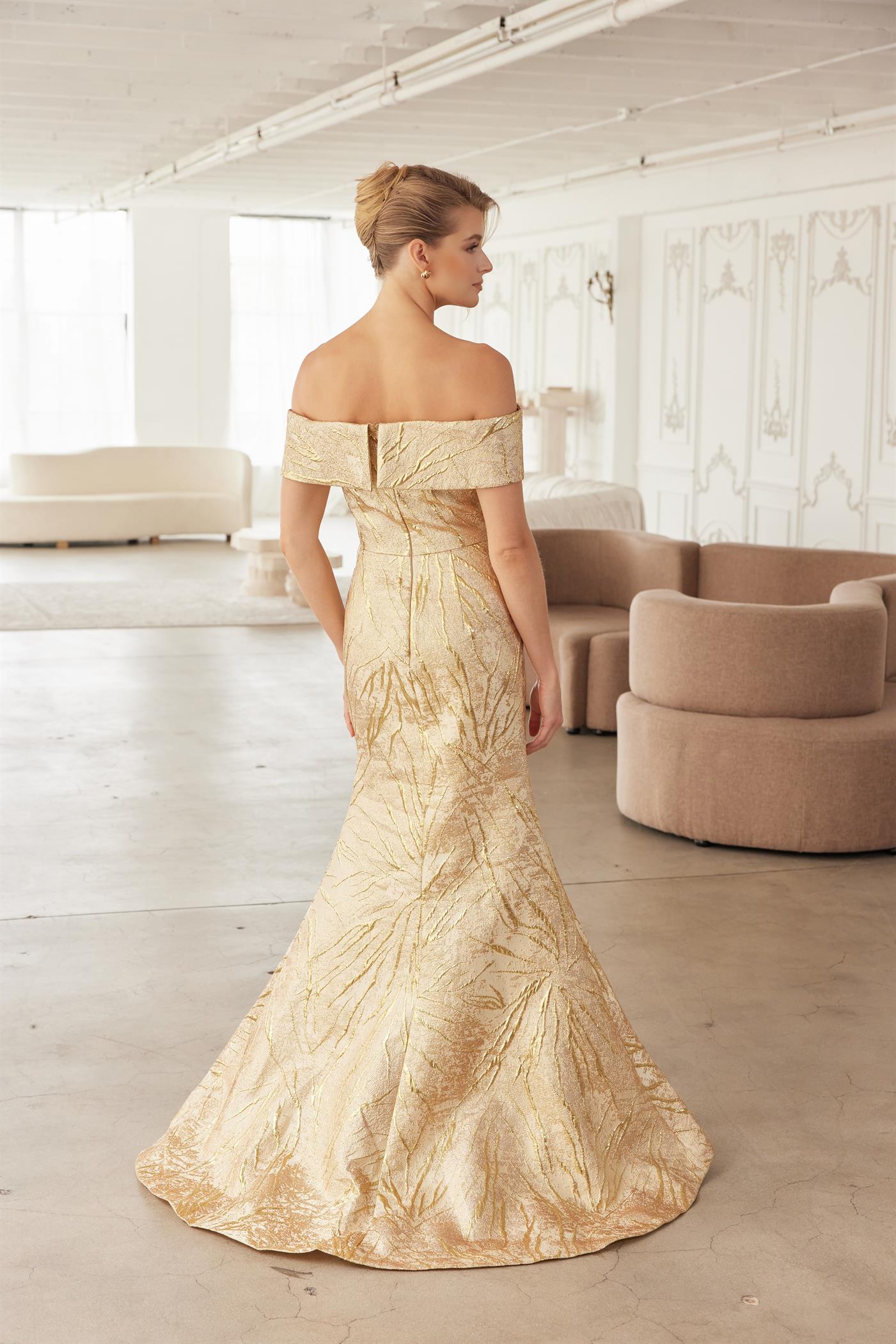 Off-Shoulder Folded Neckline Trumpet Gown with Sweeping Train Evening Dress by Nox Anabel MJ144