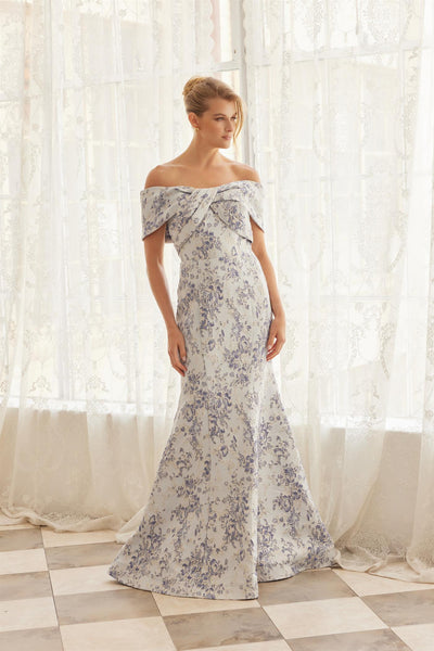 Off-Shoulder Twisted Front Trumpet Gown with Floral Brocade and Sweeping Train by Nox Anabel MT154