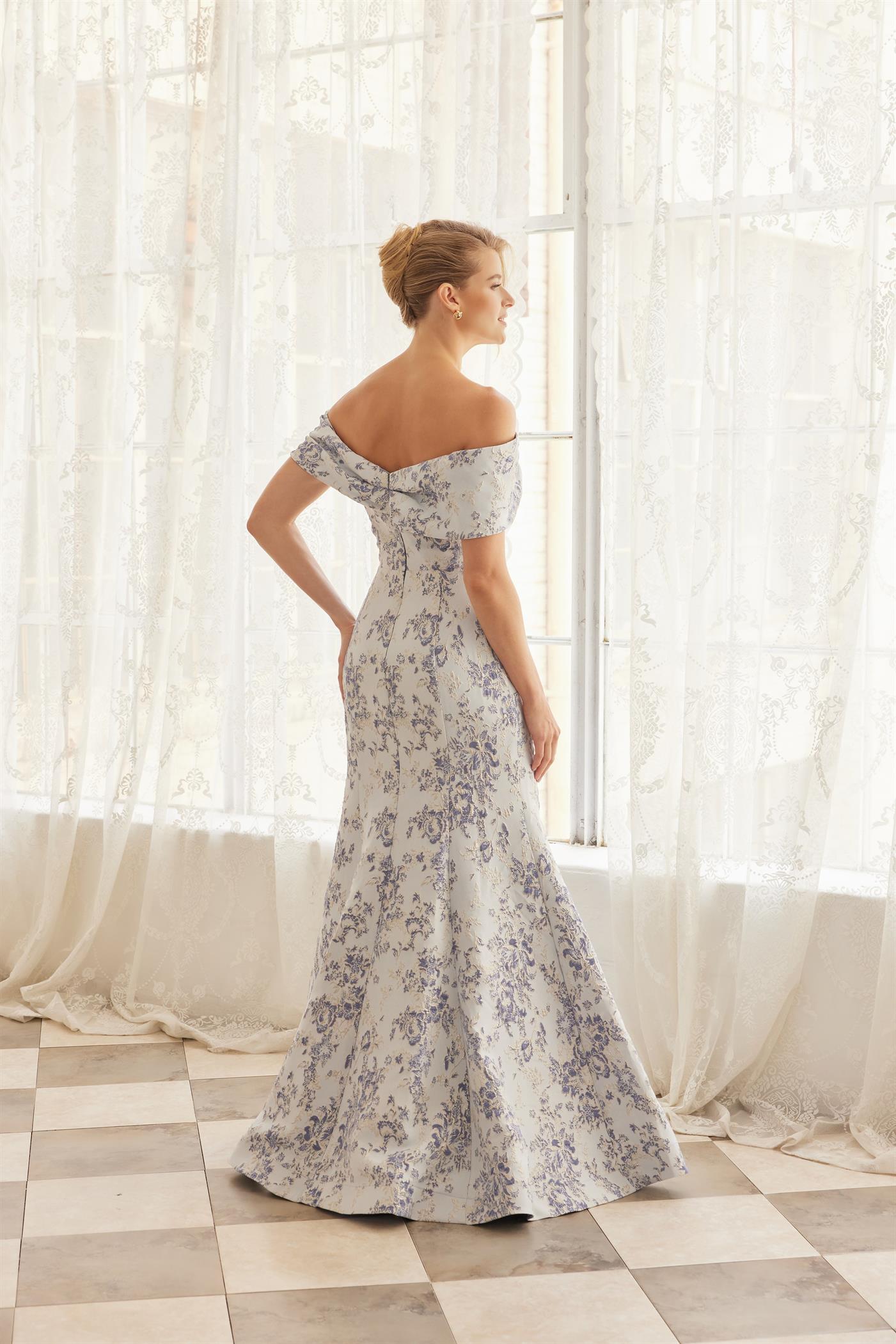 Off-Shoulder Twisted Front Trumpet Gown with Floral Brocade and Sweeping Train by Nox Anabel MT154