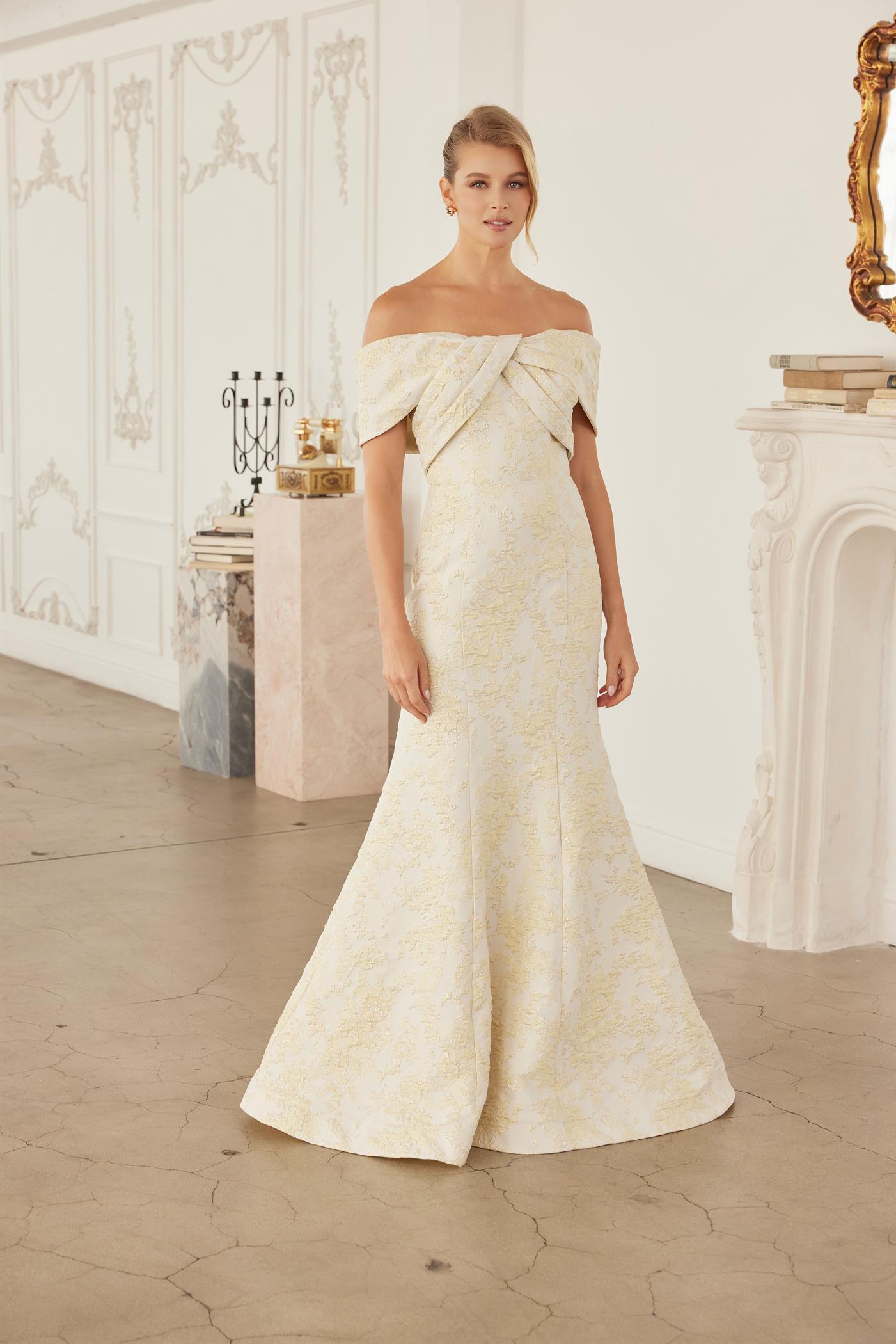 Off-Shoulder Twisted Front Trumpet Gown with Floral Brocade and Sweeping Train by Nox Anabel MT154