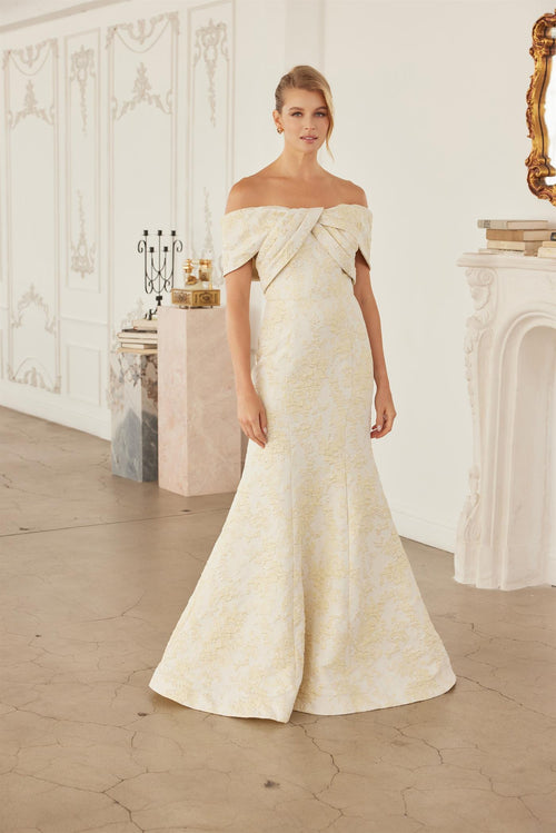 Off-Shoulder Twisted Front Trumpet Gown with Floral Brocade and Sweeping Train by Nox Anabel MT154