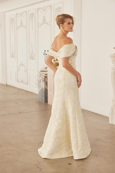 Off-Shoulder Twisted Front Trumpet Gown with Floral Brocade and Sweeping Train by Nox Anabel MT154