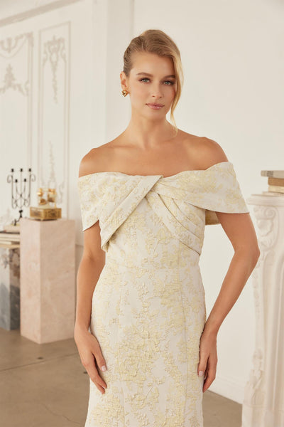 Off-Shoulder Twisted Front Trumpet Gown with Floral Brocade and Sweeping Train by Nox Anabel MT154