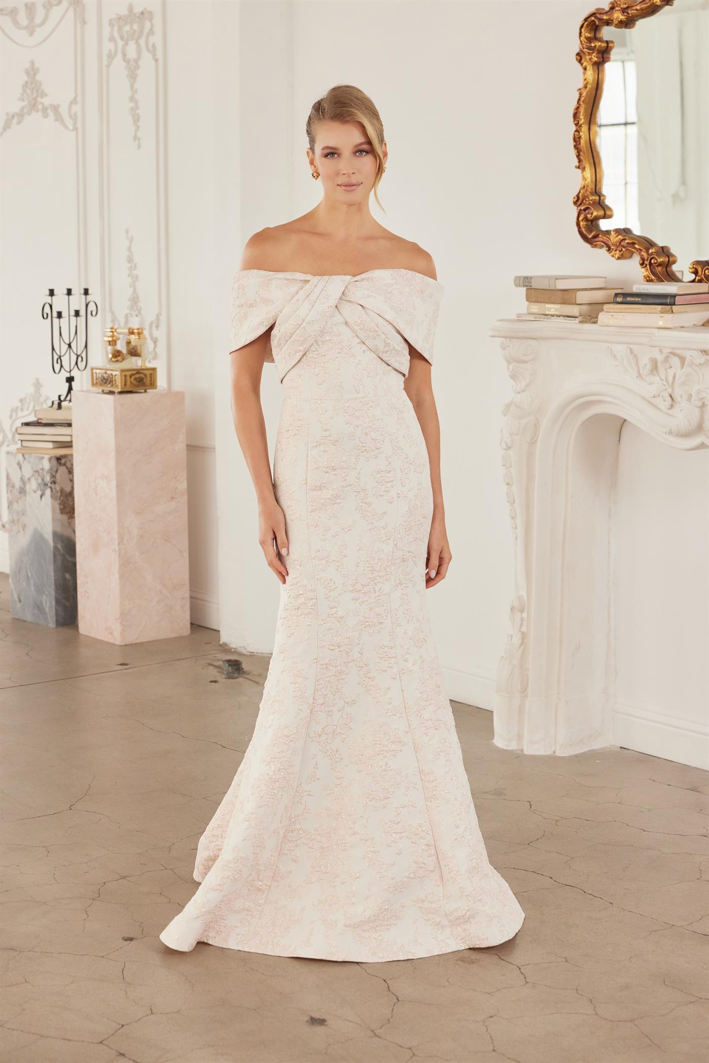 Off-Shoulder Twisted Front Trumpet Gown with Floral Brocade and Sweeping Train by Nox Anabel MT154