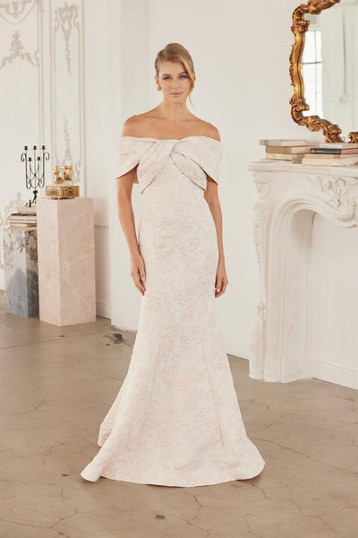 Off-Shoulder Twisted Front Trumpet Gown with Floral Brocade and Sweeping Train by Nox Anabel MT154