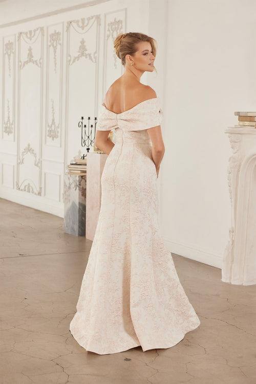 Off-Shoulder Twisted Front Trumpet Gown with Floral Brocade and Sweeping Train by Nox Anabel MT154
