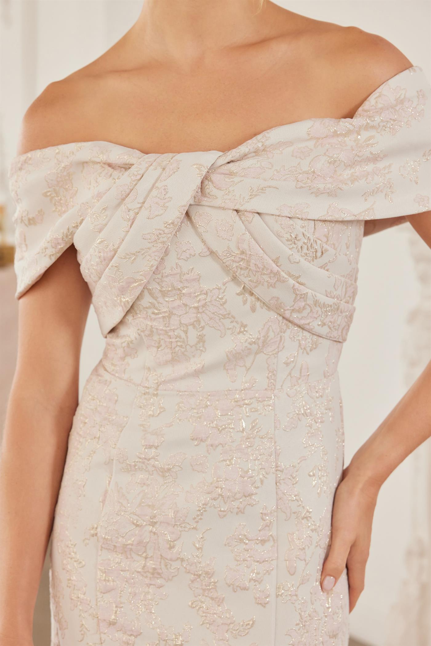 Off-Shoulder Twisted Front Trumpet Gown with Floral Brocade and Sweeping Train by Nox Anabel MT154