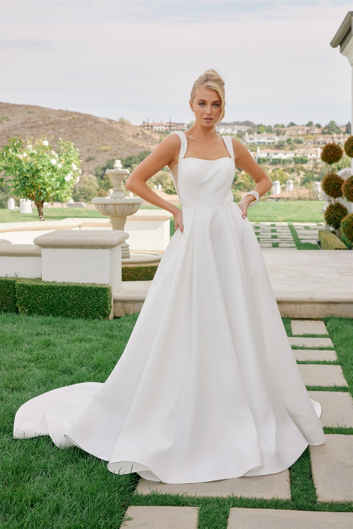 Nox Anabel JW1048 Square Neck Beaded A-Line Long Wedding Dress with Train