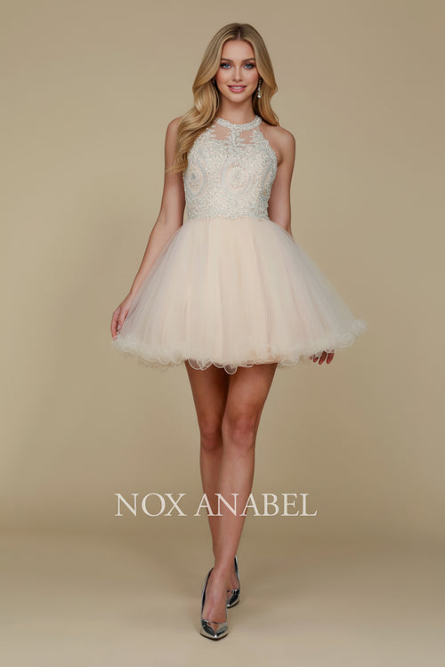 Nox Anabel B652 Chic Short Babydoll Dress with Beading for Homecoming