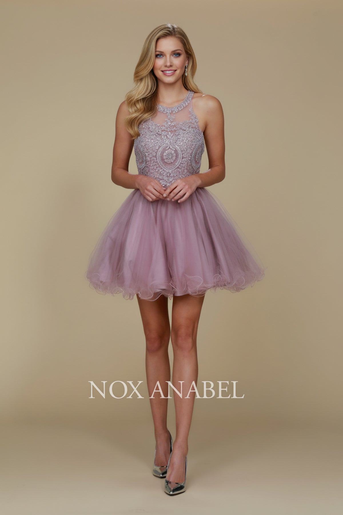 Nox Anabel B652 Chic Short Babydoll Dress with Beading for Homecoming