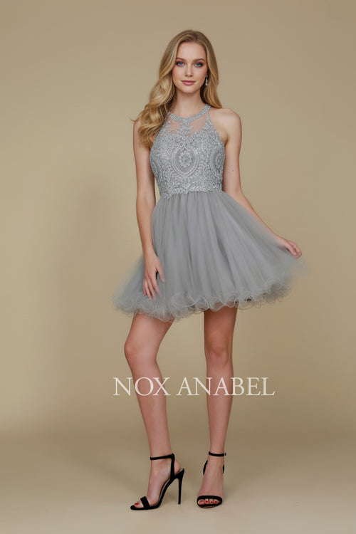 Nox Anabel B652 Chic Short Babydoll Dress with Beading for Homecoming