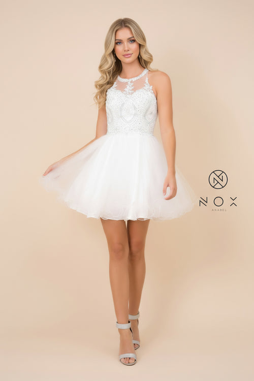 Nox Anabel B652 Chic Short Babydoll Dress with Beading for Homecoming