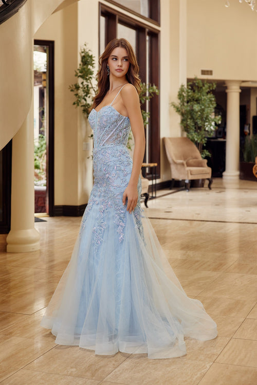 Sleeveless Trumpet Prom Dress Beaded Floral Lace Corset Bodice & Lace-Up Back by Nox Anabel H1874
