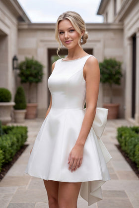 Bateau Neck Open Back Statement Bow A-Line Satin Mini Bridal Shower Dress by Nox Anabel Y7001W