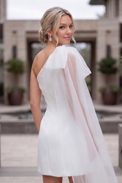 Nox Anabel WHITE Satin with Tulle Accent Fitted Sheath / Mini Wedding Dress