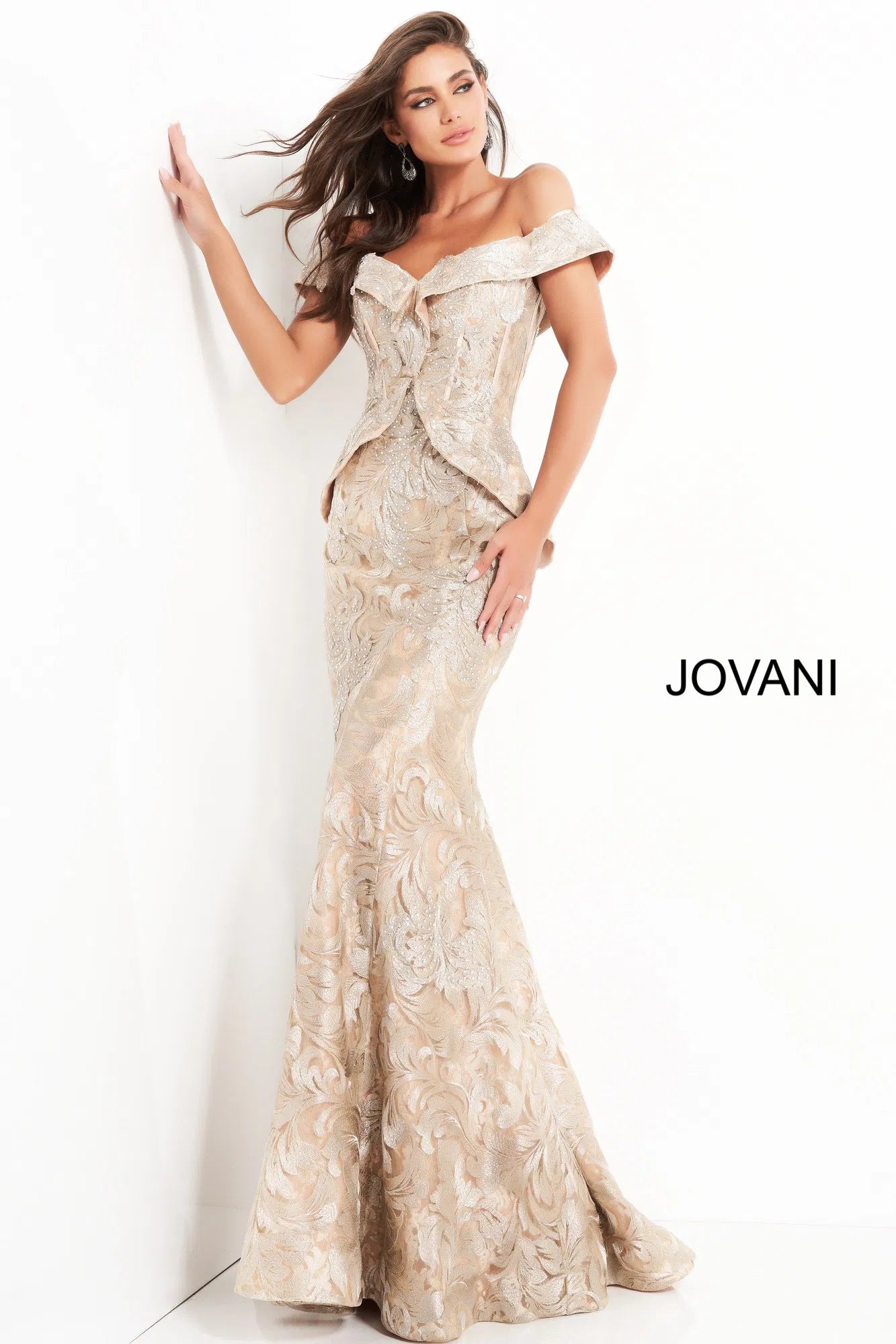Gold Off Shoulder Mother of the Bride Brocade Mermaid Gown by Jovani 02762