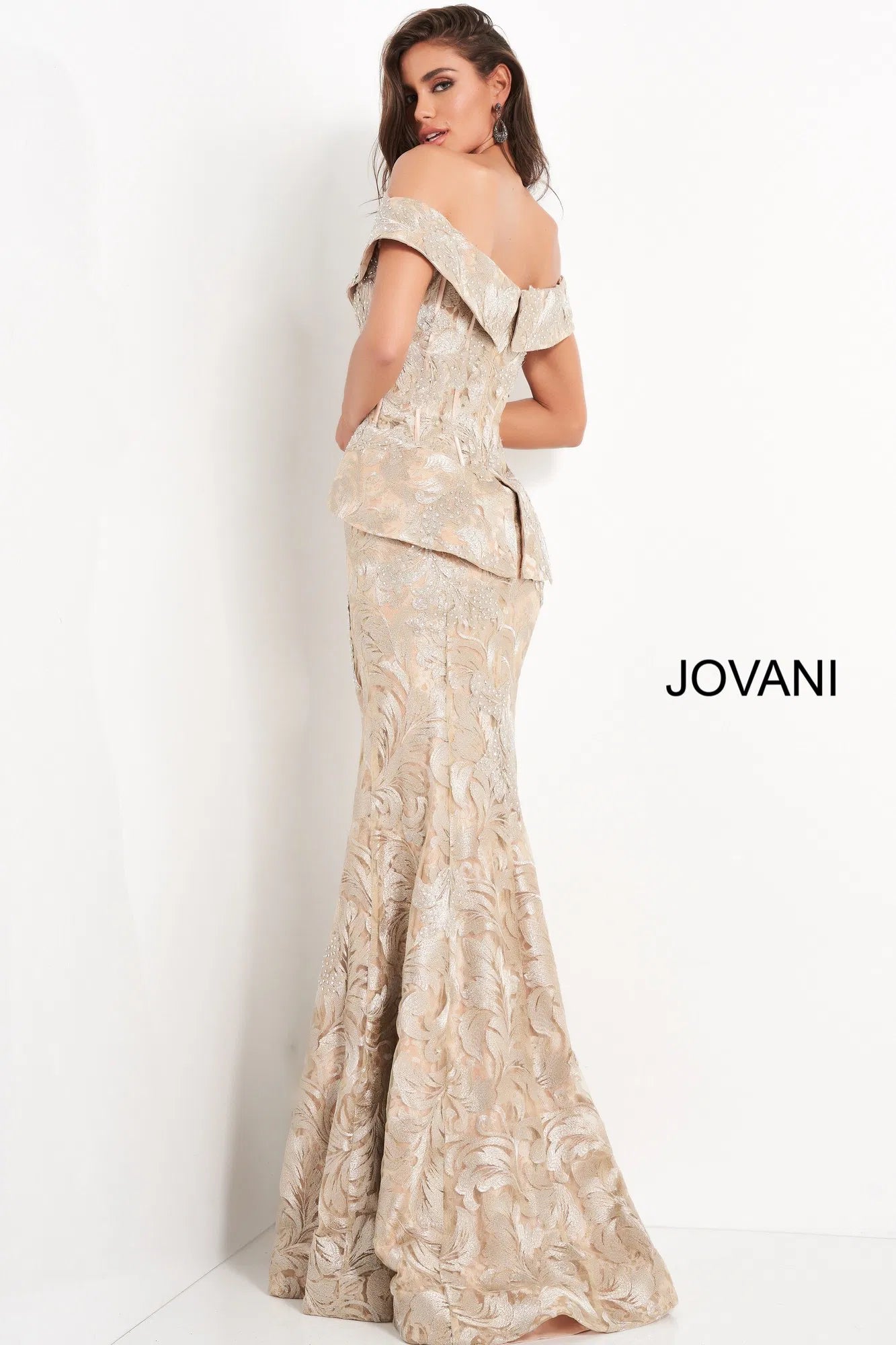 Gold Off Shoulder Mother of the Bride Brocade Mermaid Gown by Jovani 02762