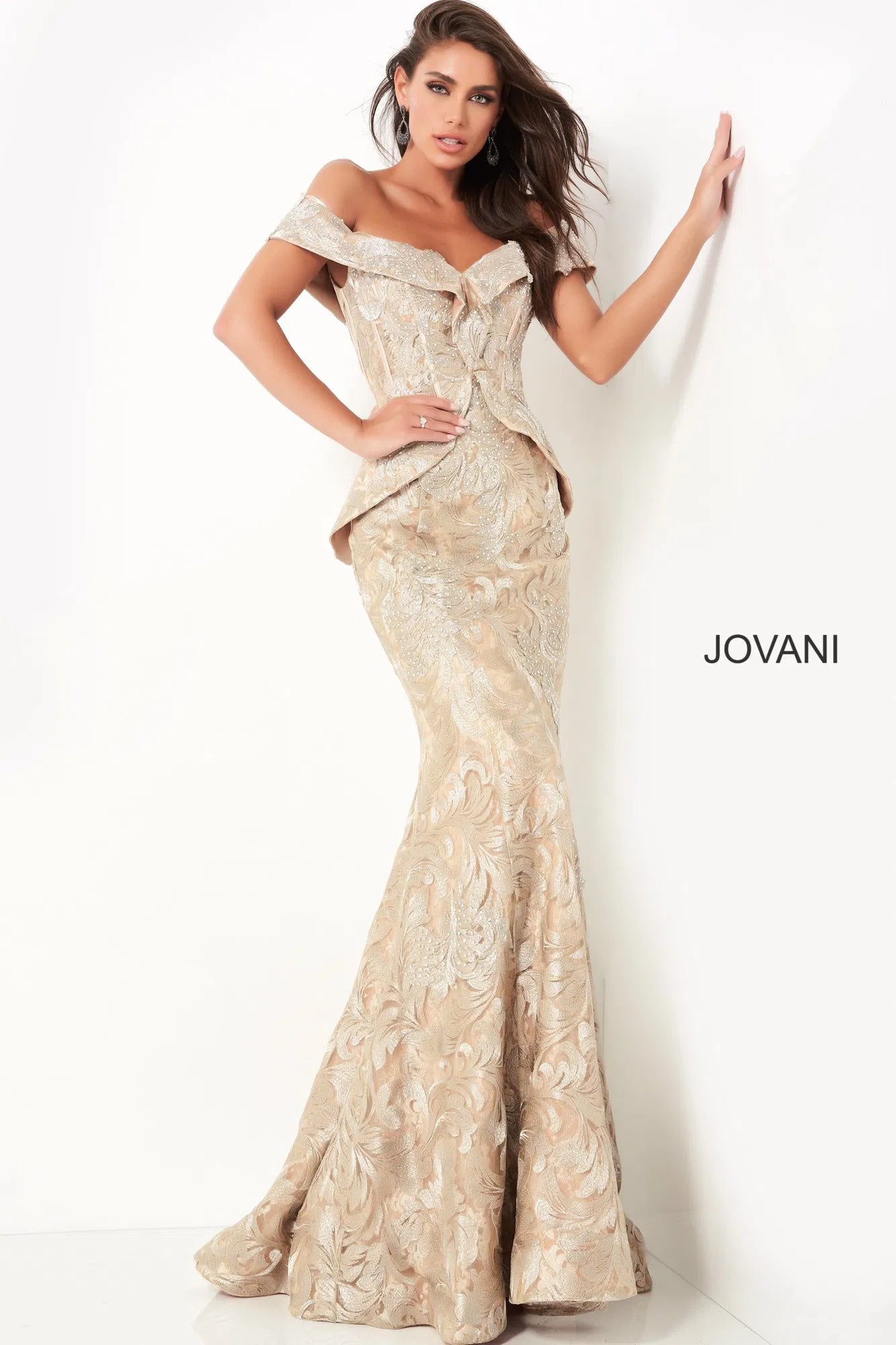 Gold Off Shoulder Mother of the Bride Brocade Mermaid Gown by Jovani 02762