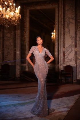 Chic and Holland HF110680 V-Neck Cape Sleeve Beaded Sheath Evening Gown
