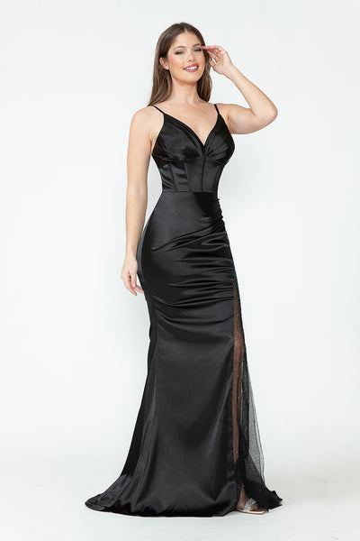 Satin V-Neck Corset Gown with Sheer Rhinestone Slit Formal Prom Dress By Lenovia 8231