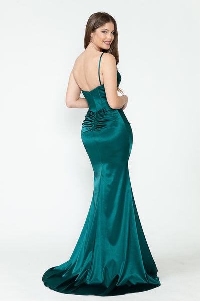 Satin V-Neck Corset Gown with Sheer Rhinestone Slit Formal Prom Dress By Lenovia 8231