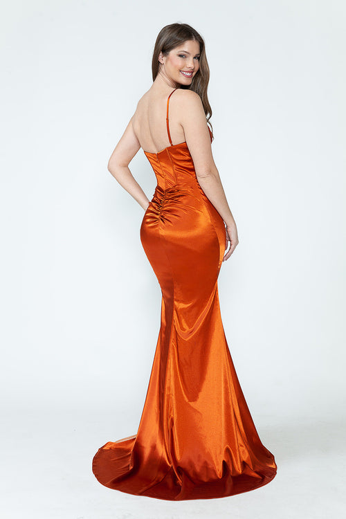 Satin V-Neck Corset Gown with Sheer Rhinestone Slit Formal Prom Dress By Lenovia 8231