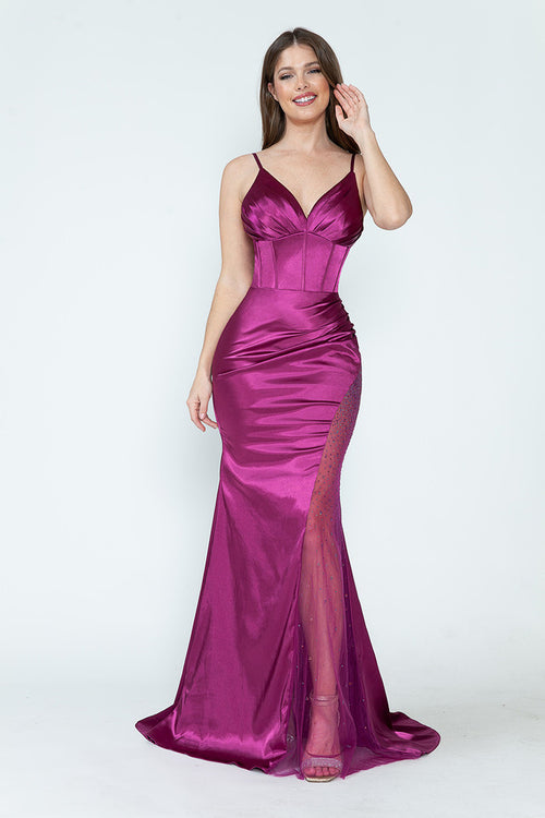 Satin V-Neck Corset Gown with Sheer Rhinestone Slit Formal Prom Dress By Lenovia 8231
