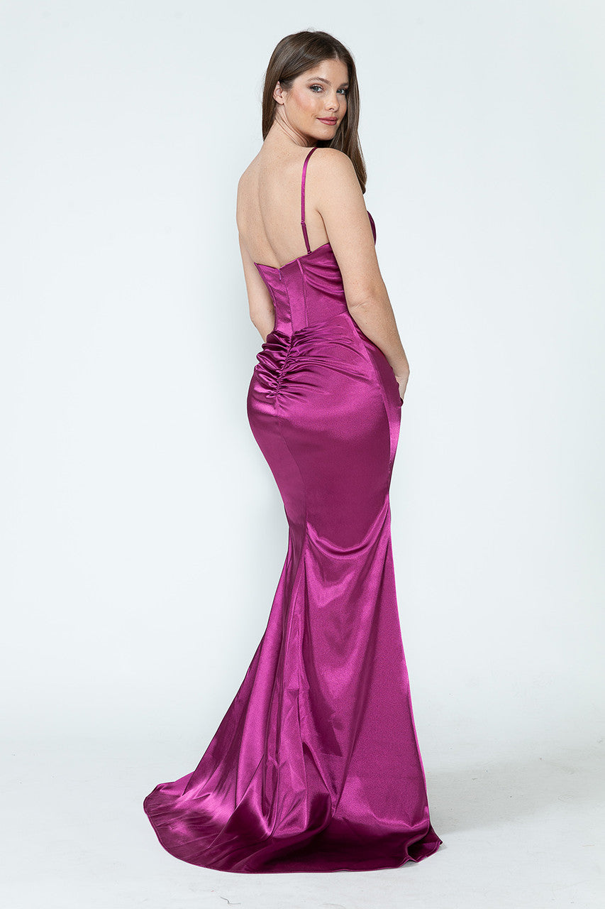 Satin V-Neck Corset Gown with Sheer Rhinestone Slit Formal Prom Dress By Lenovia 8231