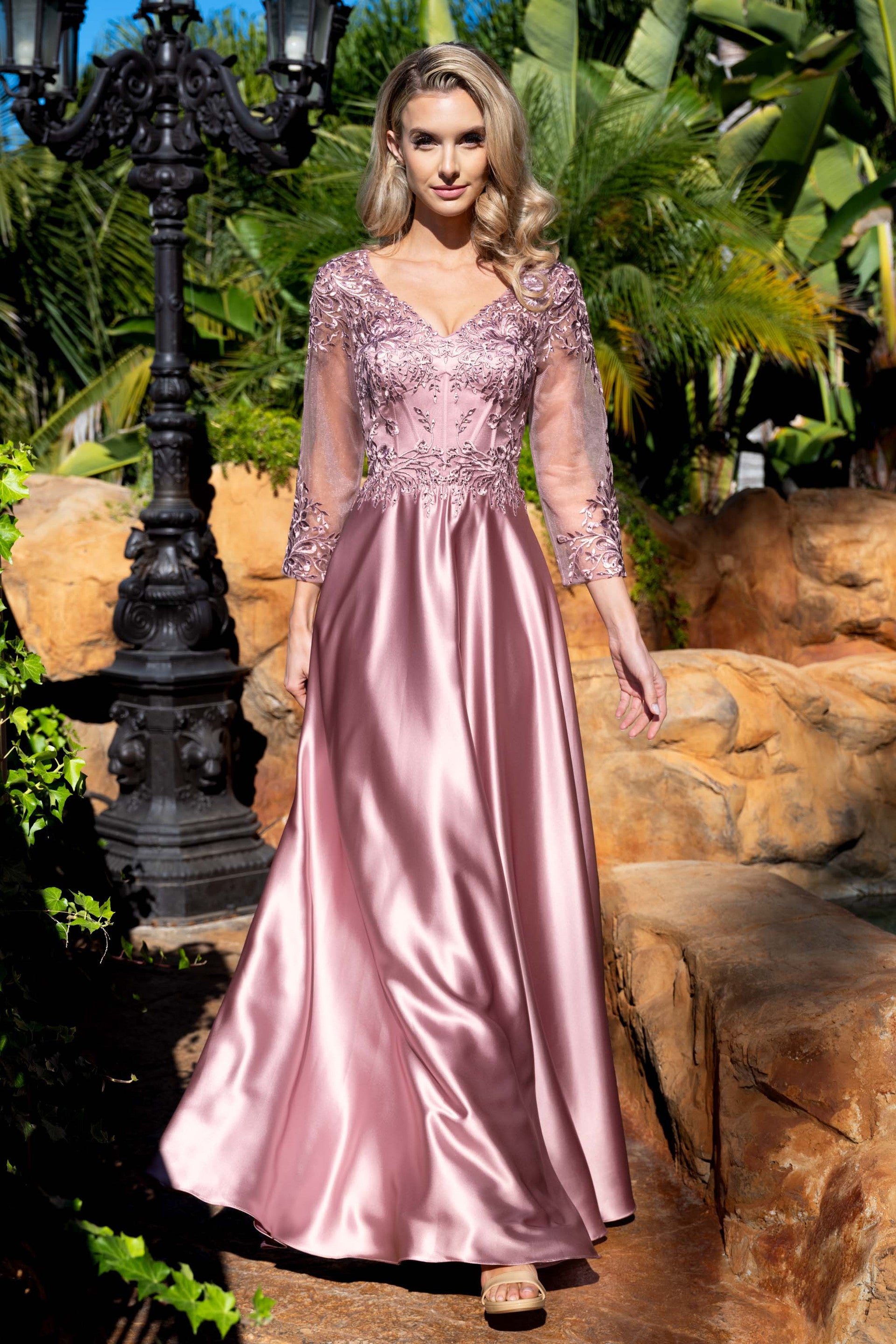 Satin A-Line Evening Gown with Lace Appliqué Bodice, 3/4 Illusion Sleeves & Pockets by Lenovia 8435