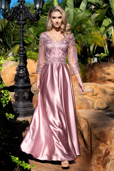 Satin A-Line Evening Gown with Lace Appliqué Bodice, 3/4 Illusion Sleeves & Pockets by Lenovia 8435