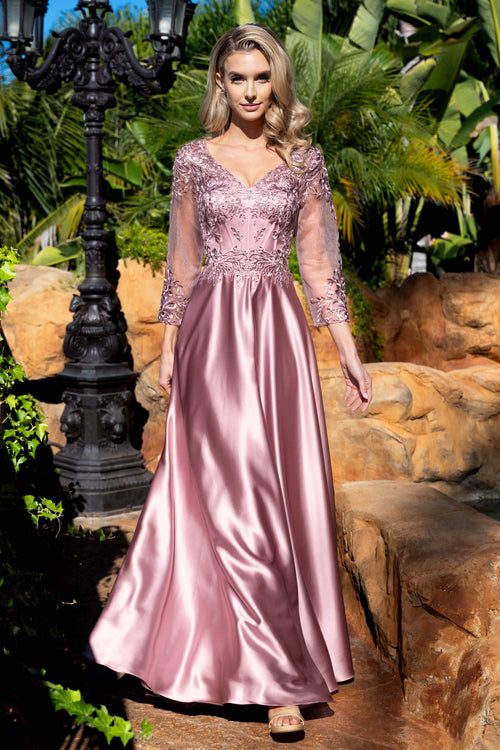 Satin A-Line Evening Gown with Lace Appliqué Bodice, 3/4 Illusion Sleeves & Pockets by Lenovia 8435