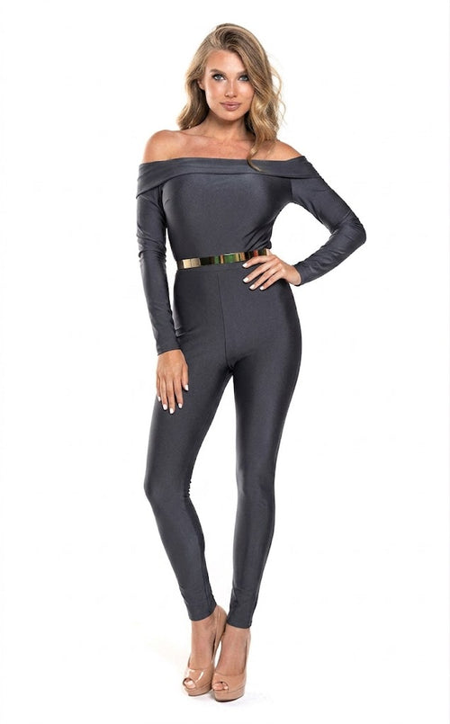 Off Shoulder Long-Sleeve Jumpsuit with Belt Sleek Bodycon Evening Dress by Jessica Angel 868