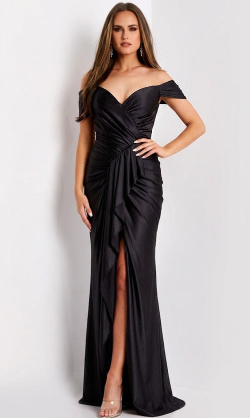 Jovani Off Shoulder Satin Gown with Ruching Jovani 44039