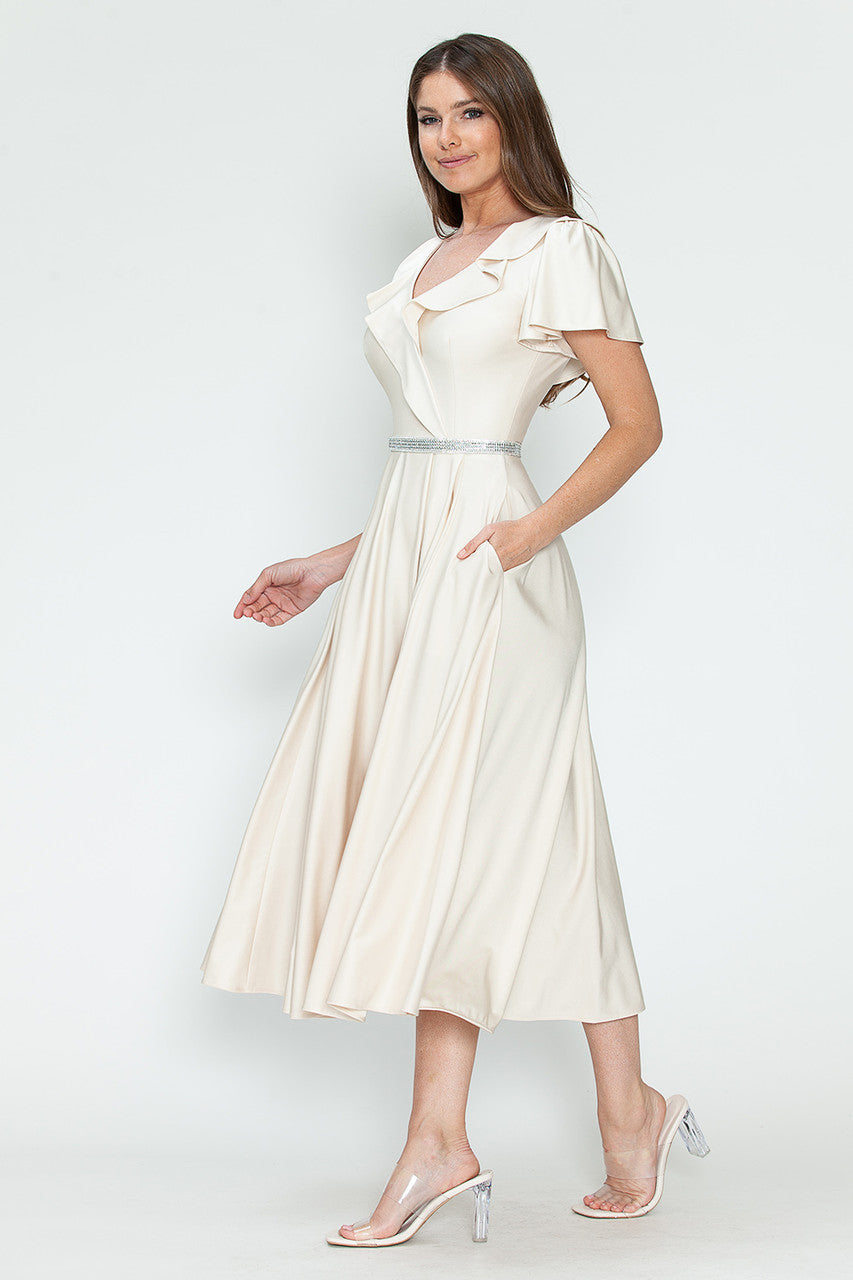 Lenovia 5295 Ruffled Satin Short Sleeve A-Line Tea Length Dress