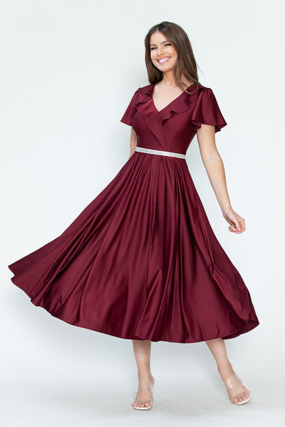 Lenovia 5295 Ruffled Satin Short Sleeve A-Line Tea Length Dress