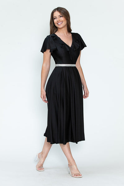 Lenovia 5295 Ruffled Satin Short Sleeve A-Line Tea Length Dress