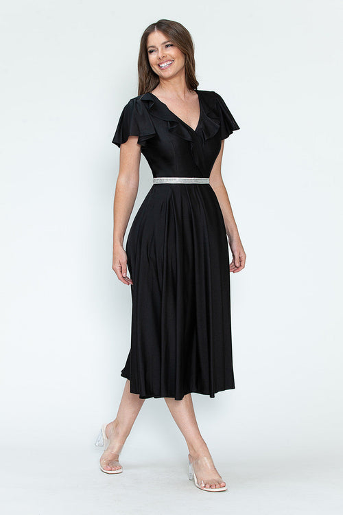 Lenovia 5295 Ruffled Satin Short Sleeve A-Line Tea Length Dress