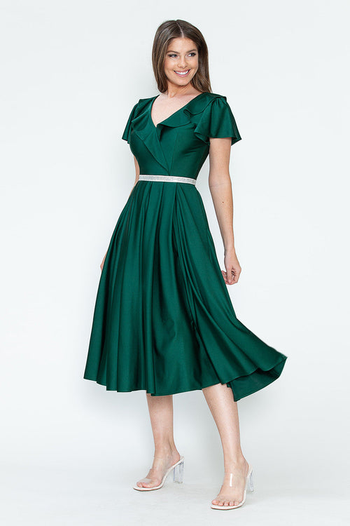 Lenovia 5295 Ruffled Satin Short Sleeve A-Line Tea Length Dress
