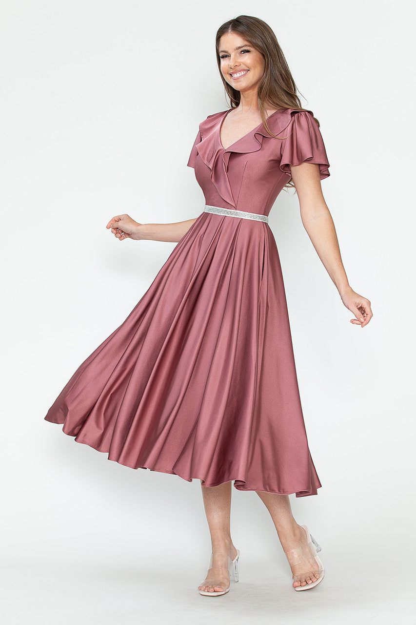 Ruffled Satin A-Line Tea Length Dress Short Sleeve 5295 by Lenovia