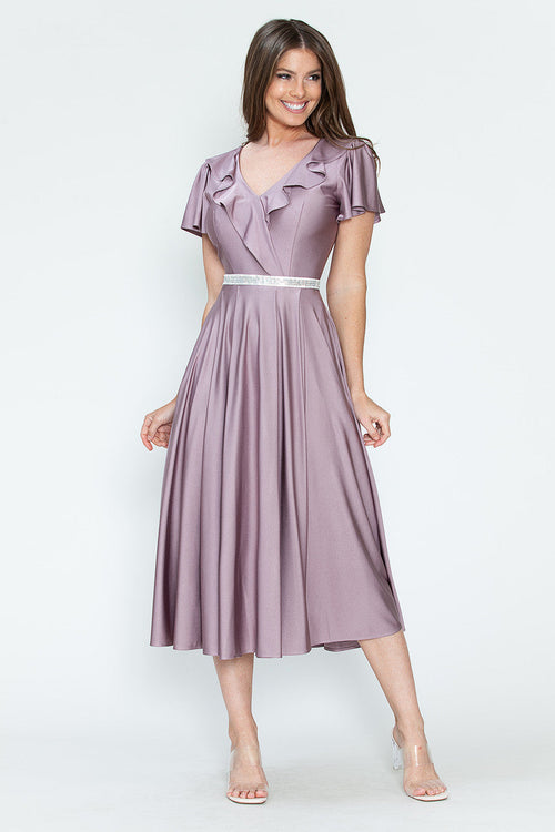 Lenovia 5295 Ruffled Satin Short Sleeve A-Line Tea Length Dress