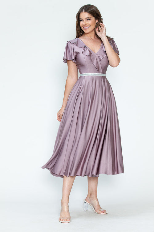 Lenovia 5295 Ruffled Satin Short Sleeve A-Line Tea Length Dress