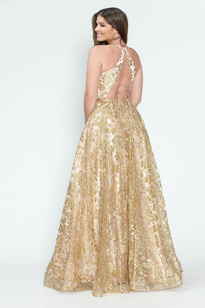 Sequin Floral Lace-Up Back A-Line Gown Sparkly Sleeveless Prom & Formal Dress By Lenovia 8240