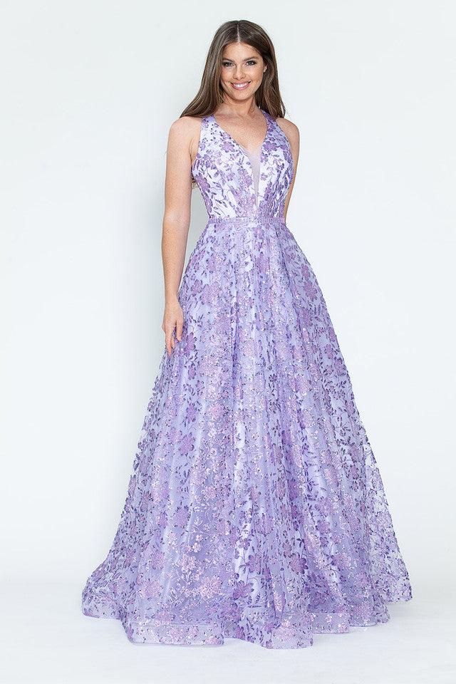 Vestido de fiesta y formal sin mangas con lentejuelas y encaje floral en la espalda, corte A, brillante, de Lenovia 8240