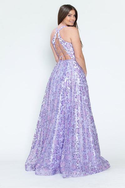 Sequin Floral Lace-Up Back A-Line Gown Sparkly Sleeveless Prom & Formal Dress By Lenovia 8240