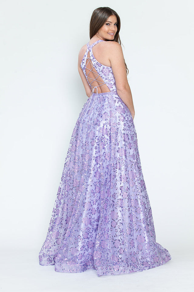 Vestido de fiesta y formal sin mangas con lentejuelas y encaje floral en la espalda, corte A, brillante, de Lenovia 8240